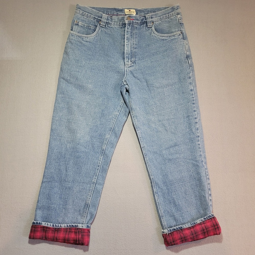 Woolrich Mens Flannel Lined Denim Jeans Blue Plaid Lined Straight Leg Size 36